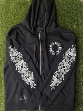 Chrome Hearts Black Zip Hoodie with White Sleeve Scrolls